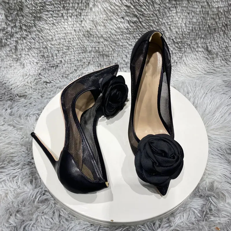 binfenxie 3D Black Rose Women Gauze Patchwork Pointed Toe Stiletto Pumps Elegant Slip On High Heel Shoes for Party Evening Dress