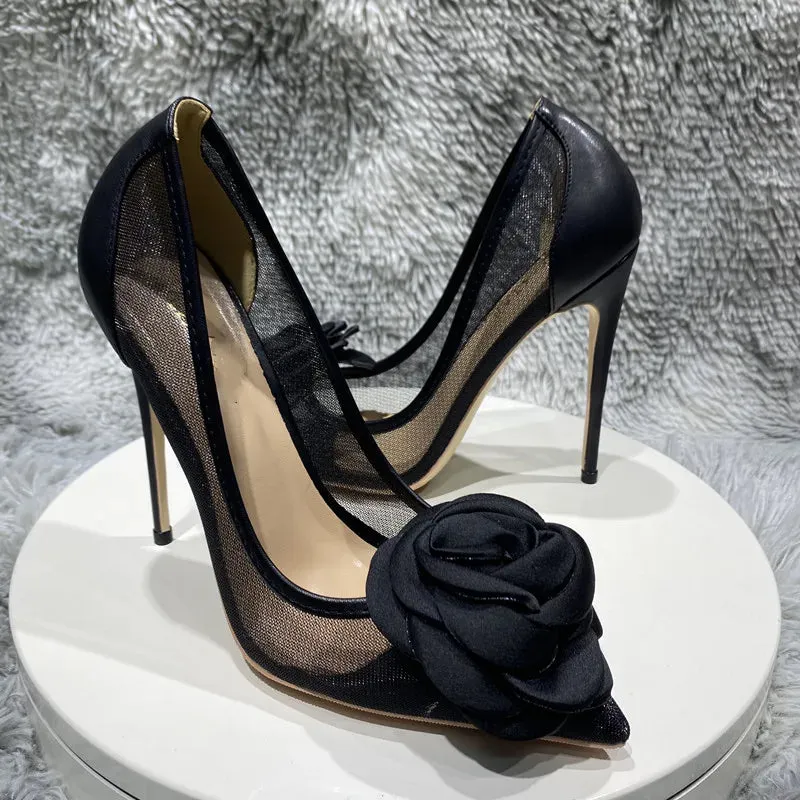 binfenxie 3D Black Rose Women Gauze Patchwork Pointed Toe Stiletto Pumps Elegant Slip On High Heel Shoes for Party Evening Dress