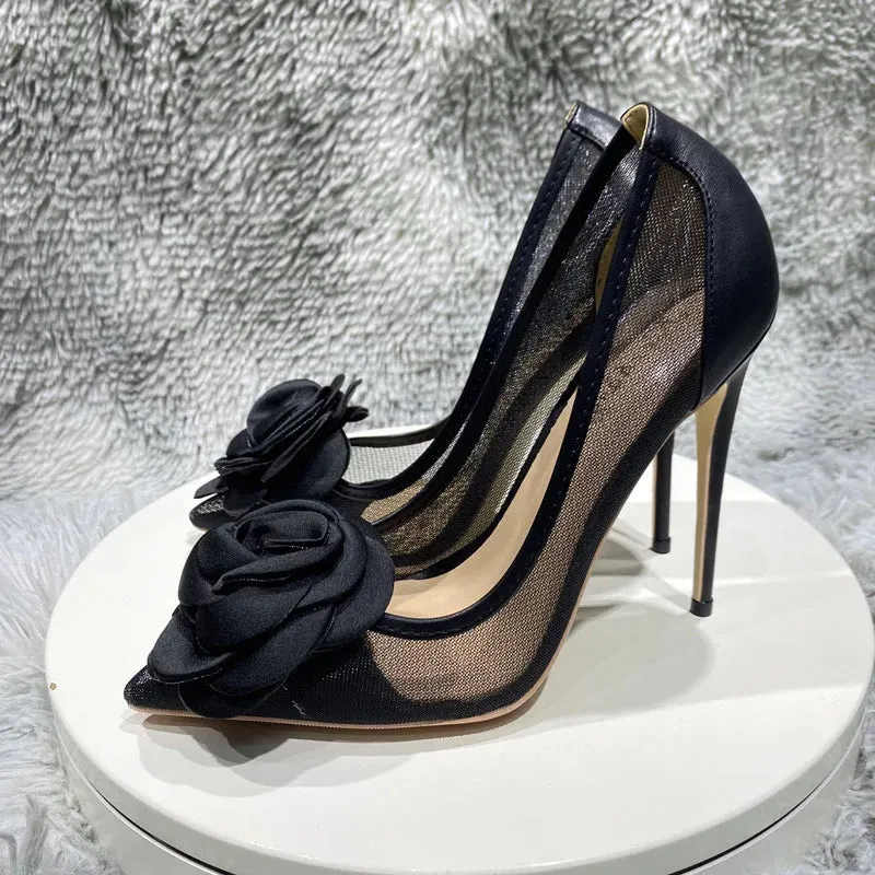 binfenxie 3D Black Rose Women Gauze Patchwork Pointed Toe Stiletto Pumps Elegant Slip On High Heel Shoes for Party Evening Dress