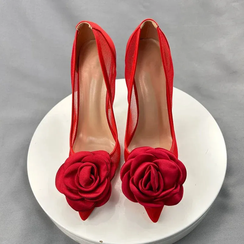 binfenxie 3D Black Rose Women Gauze Patchwork Pointed Toe Stiletto Pumps Elegant Slip On High Heel Shoes for Party Evening Dress