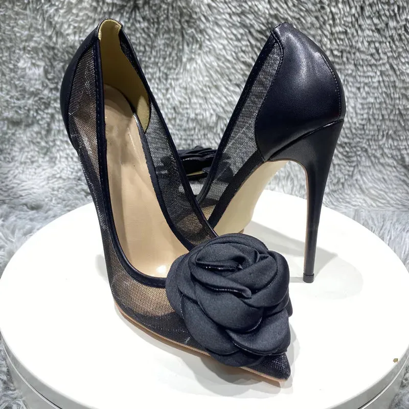 binfenxie 3D Black Rose Women Gauze Patchwork Pointed Toe Stiletto Pumps Elegant Slip On High Heel Shoes for Party Evening Dress