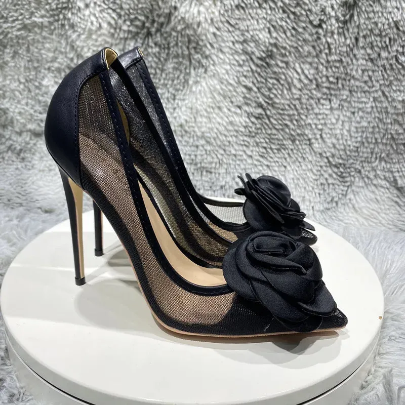 binfenxie 3D Black Rose Women Gauze Patchwork Pointed Toe Stiletto Pumps Elegant Slip On High Heel Shoes for Party Evening Dress