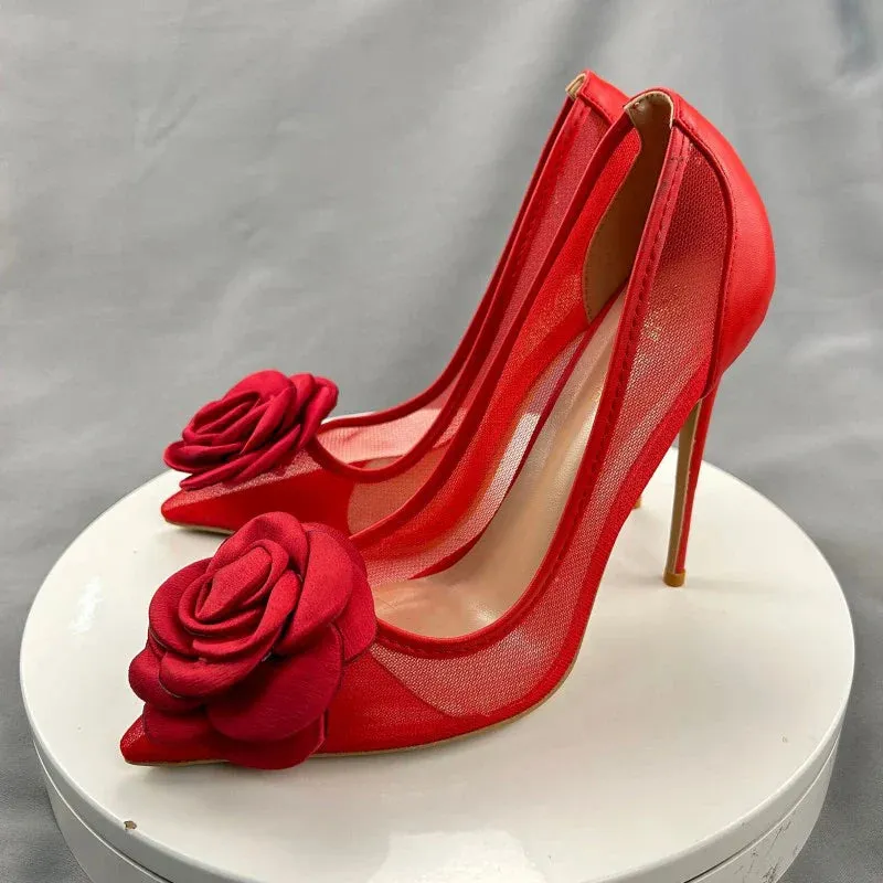 binfenxie 3D Black Rose Women Gauze Patchwork Pointed Toe Stiletto Pumps Elegant Slip On High Heel Shoes for Party Evening Dress