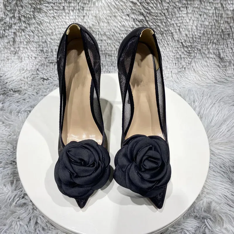 binfenxie 3D Black Rose Women Gauze Patchwork Pointed Toe Stiletto Pumps Elegant Slip On High Heel Shoes for Party Evening Dress