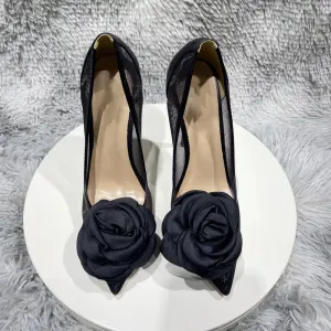 binfenxie 3D Black Rose Women Gauze Patchwork Pointed Toe Stiletto Pumps Elegant Slip On High Heel Shoes for Party Evening Dress