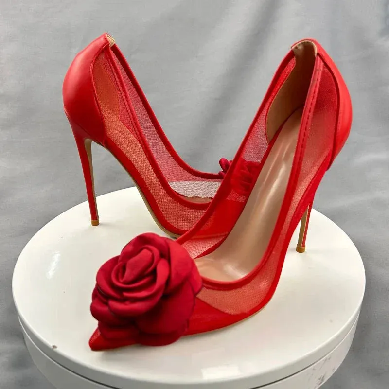 binfenxie 3D Black Rose Women Gauze Patchwork Pointed Toe Stiletto Pumps Elegant Slip On High Heel Shoes for Party Evening Dress