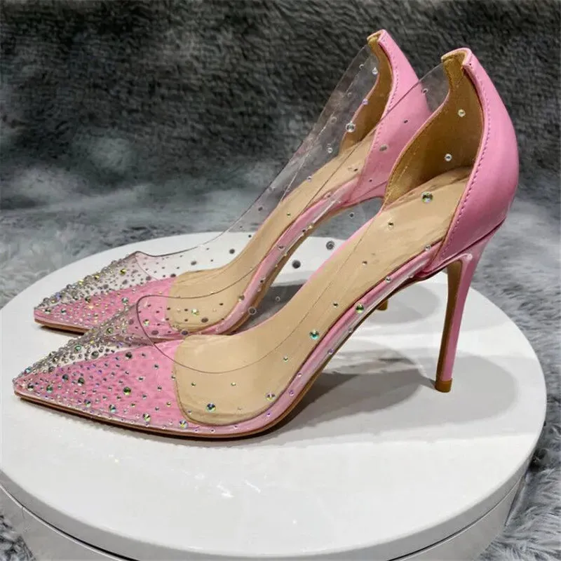 binfenxie Women Patchwork Transparent Rhinestones Pointy Toe Stiletto Pumps Goegeous Ladies Slip On High Heel Wedding Party Shoes