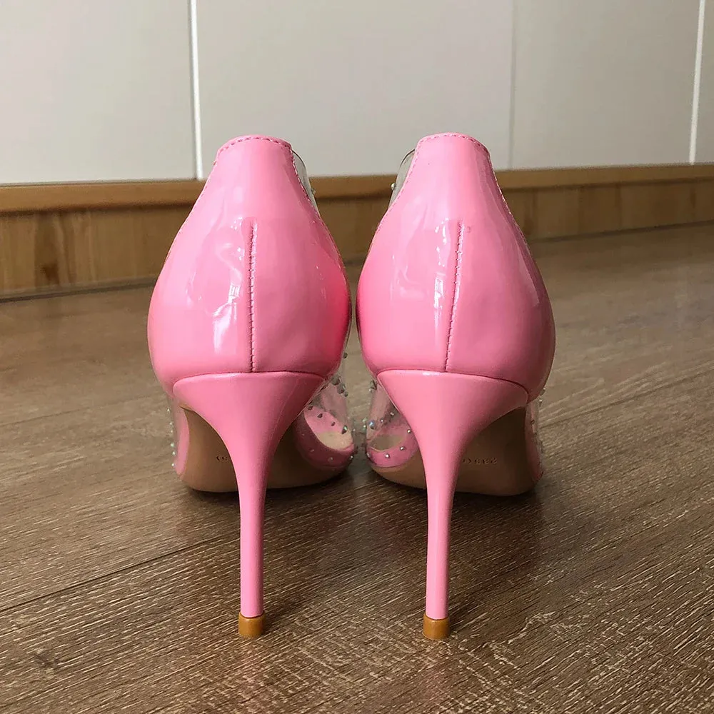 binfenxie Women Patchwork Transparent Rhinestones Pointy Toe Stiletto Pumps Goegeous Ladies Slip On High Heel Wedding Party Shoes