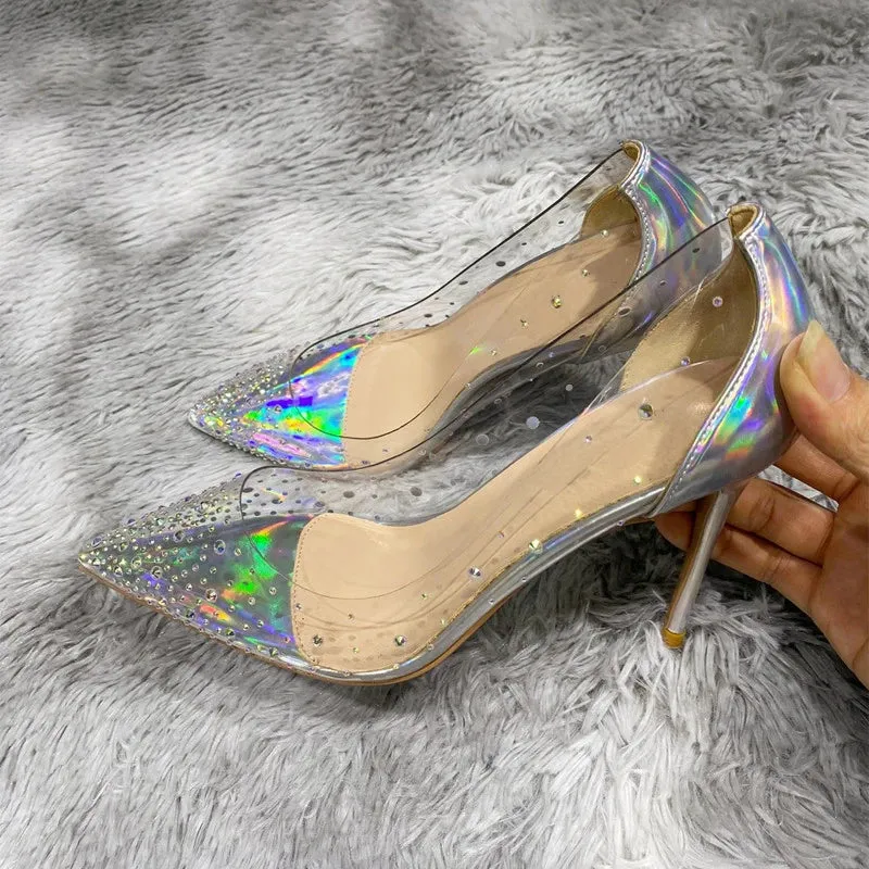 binfenxie Women Patchwork Transparent Rhinestones Pointy Toe Stiletto Pumps Goegeous Ladies Slip On High Heel Wedding Party Shoes