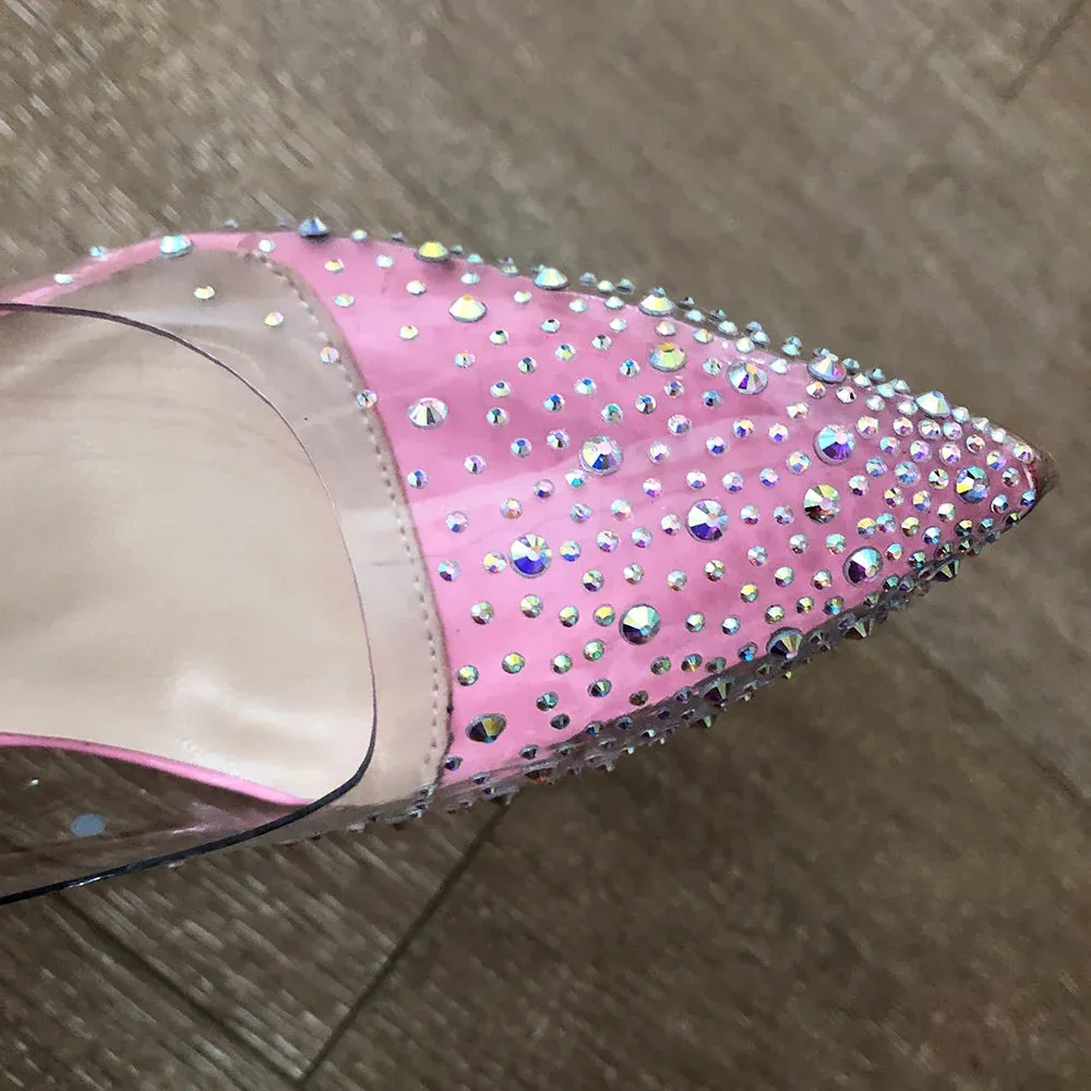 binfenxie Women Patchwork Transparent Rhinestones Pointy Toe Stiletto Pumps Goegeous Ladies Slip On High Heel Wedding Party Shoes