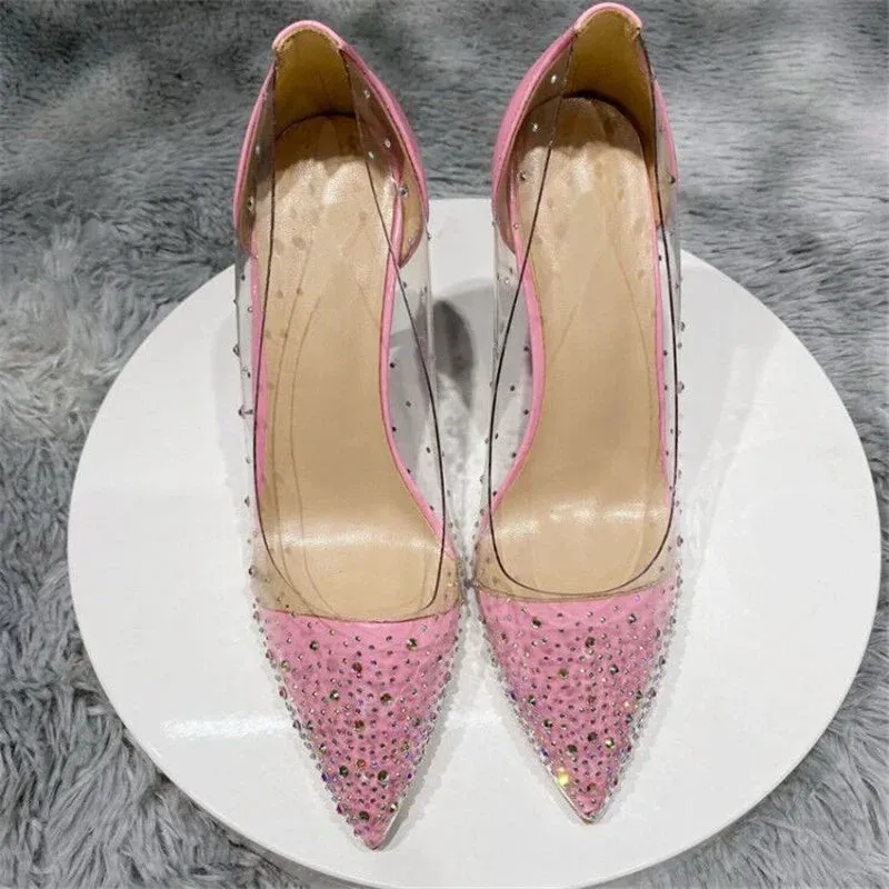 binfenxie Women Patchwork Transparent Rhinestones Pointy Toe Stiletto Pumps Goegeous Ladies Slip On High Heel Wedding Party Shoes