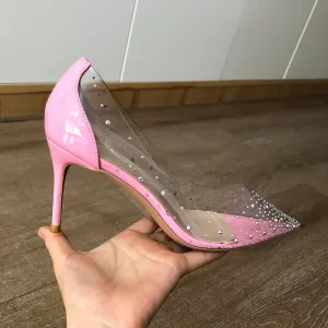 binfenxie Women Patchwork Transparent Rhinestones Pointy Toe Stiletto Pumps Goegeous Ladies Slip On High Heel Wedding Party Shoes