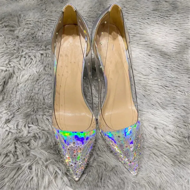 binfenxie Women Patchwork Transparent Rhinestones Pointy Toe Stiletto Pumps Goegeous Ladies Slip On High Heel Wedding Party Shoes
