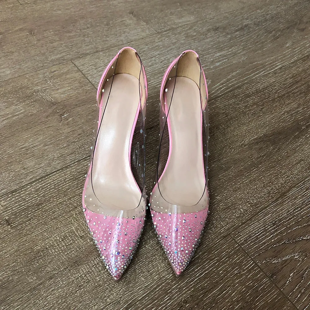 binfenxie Women Patchwork Transparent Rhinestones Pointy Toe Stiletto Pumps Goegeous Ladies Slip On High Heel Wedding Party Shoes