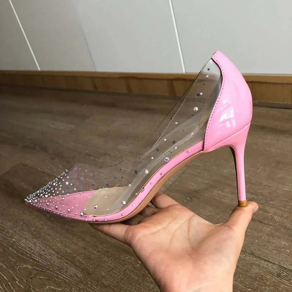 binfenxie Women Patchwork Transparent Rhinestones Pointy Toe Stiletto Pumps Goegeous Ladies Slip On High Heel Wedding Party Shoes