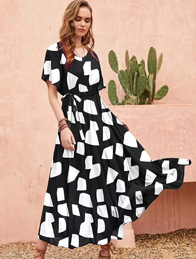 Black White Lace Knotted on the Left Women Casual Loose Bohemian Floral Dress with Pockets Short Sleeve Long Maxi Summer Beach Swing Dress - Yesno