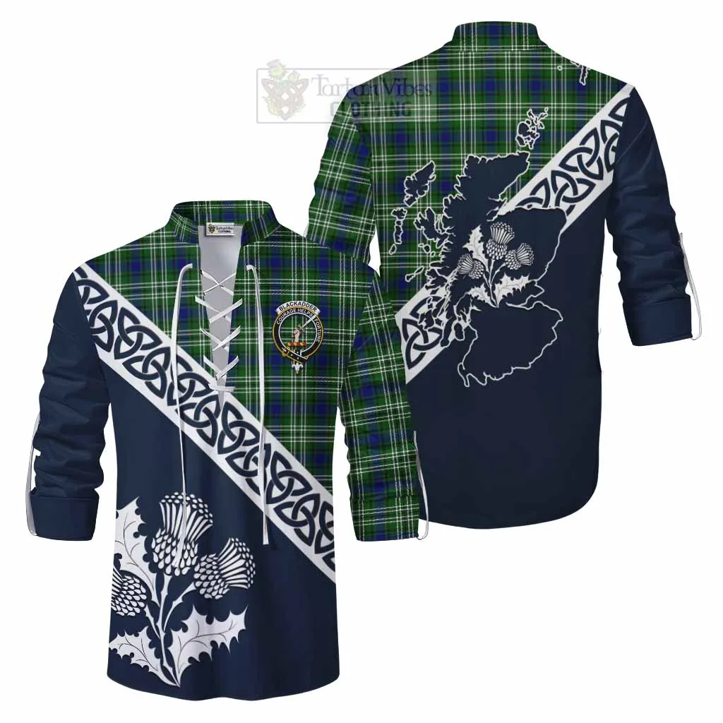 Blackadder Tartan Ghillie Kilt Shirt Featuring Thistle and Scotland Map