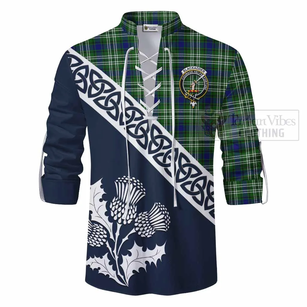 Blackadder Tartan Ghillie Kilt Shirt Featuring Thistle and Scotland Map