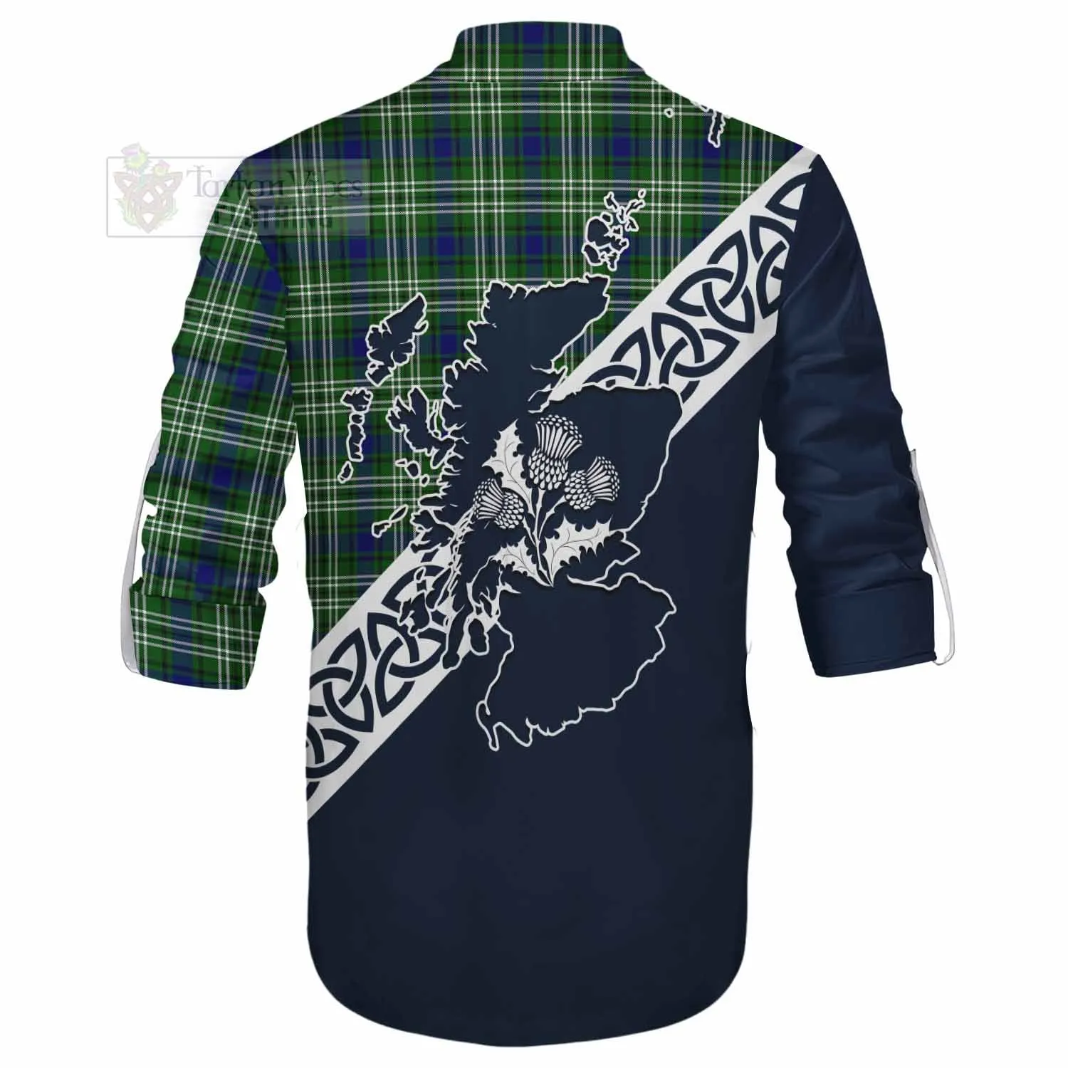 Blackadder Tartan Ghillie Kilt Shirt Featuring Thistle and Scotland Map