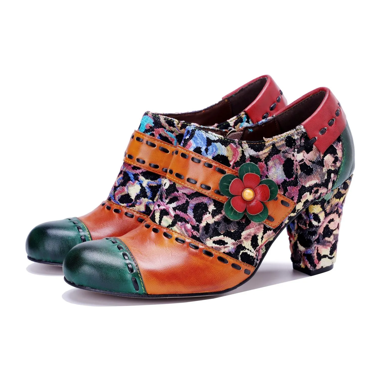 Bohemian Contrast Color Patchwork Floral Side Zipper Pump (Ingrid)