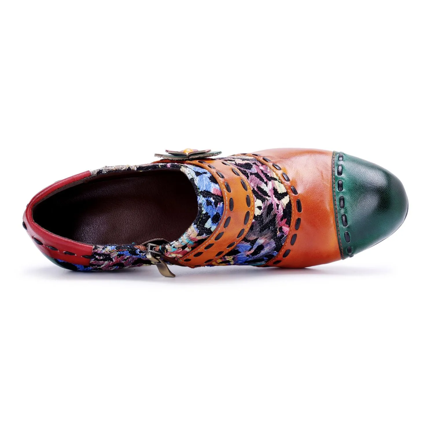 Bohemian Contrast Color Patchwork Floral Side Zipper Pump (Ingrid)