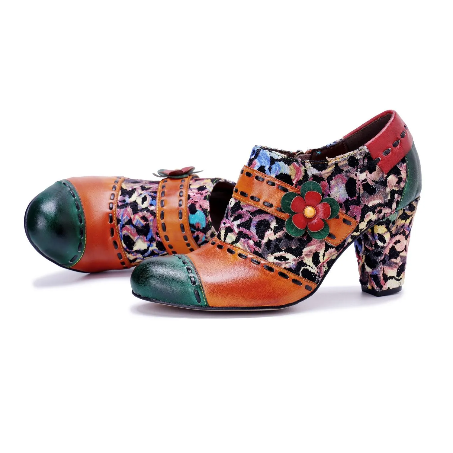 Bohemian Contrast Color Patchwork Floral Side Zipper Pump (Ingrid)