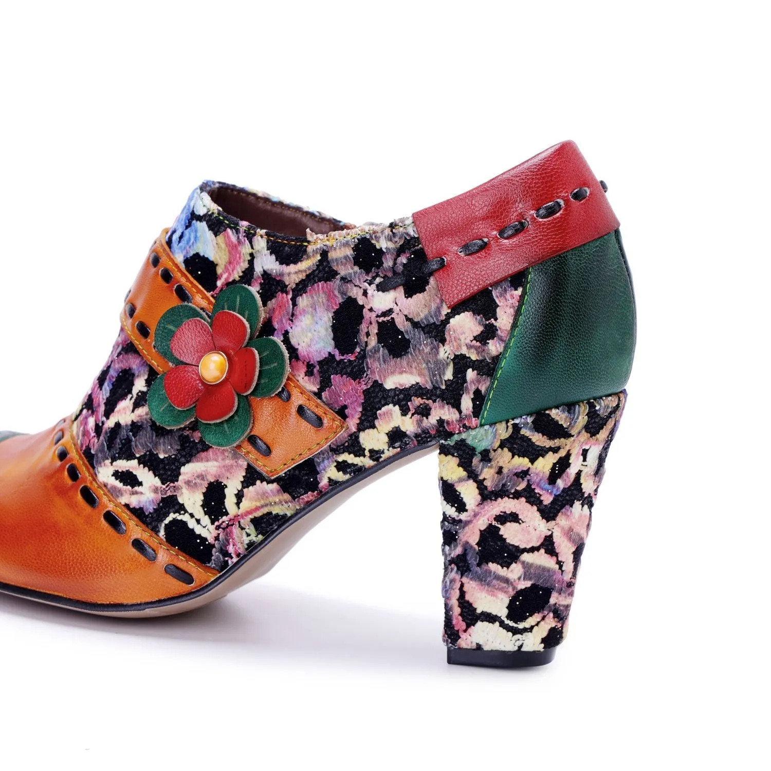 Bohemian Contrast Color Patchwork Floral Side Zipper Pump (Ingrid)