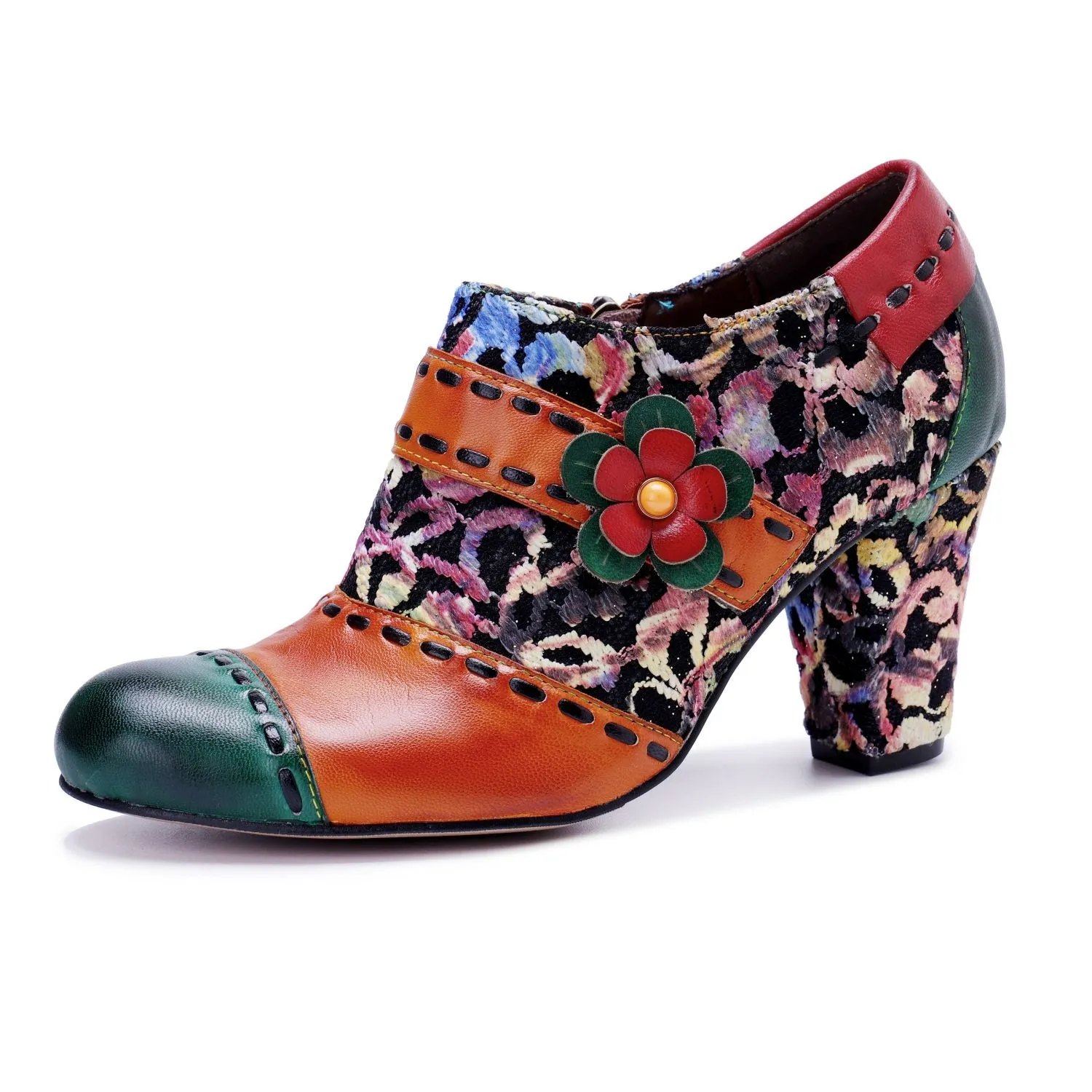 Bohemian Contrast Color Patchwork Floral Side Zipper Pump (Ingrid)