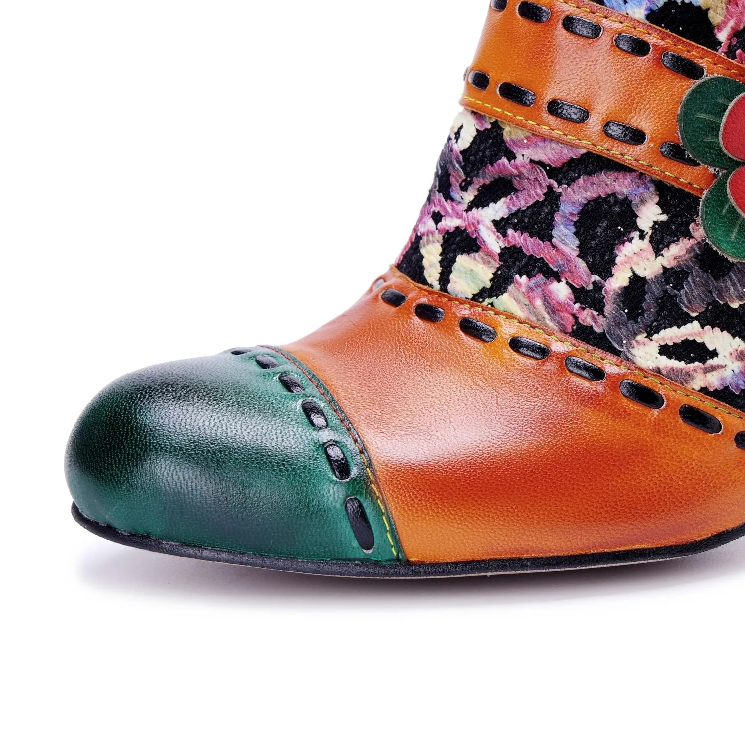 Bohemian Contrast Color Patchwork Floral Side Zipper Pump (Ingrid)