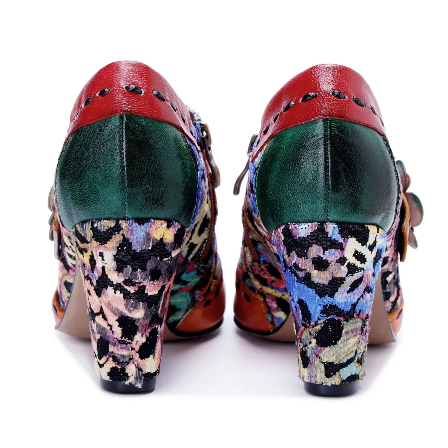 Bohemian Contrast Color Patchwork Floral Side Zipper Pump (Ingrid)
