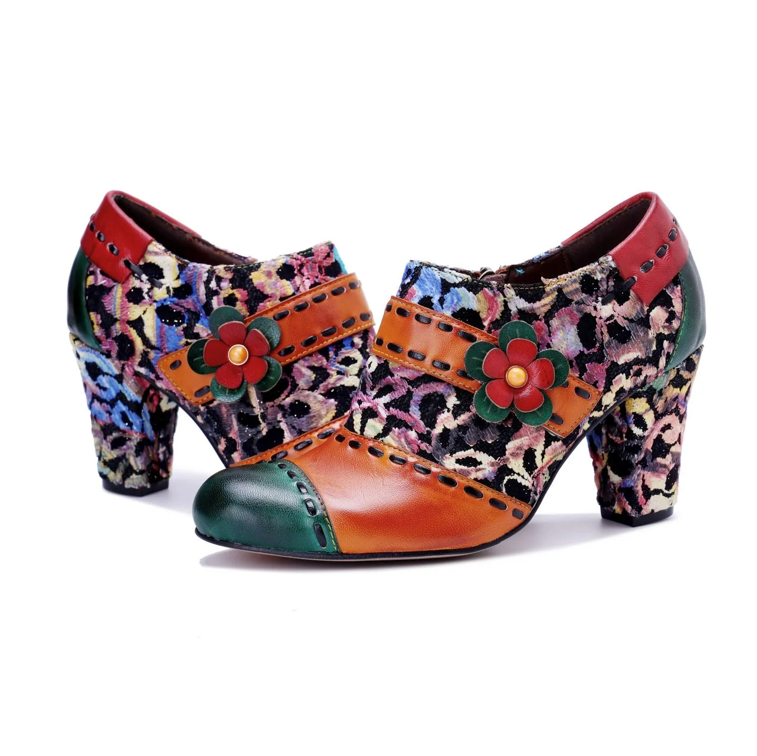 Bohemian Contrast Color Patchwork Floral Side Zipper Pump (Ingrid)