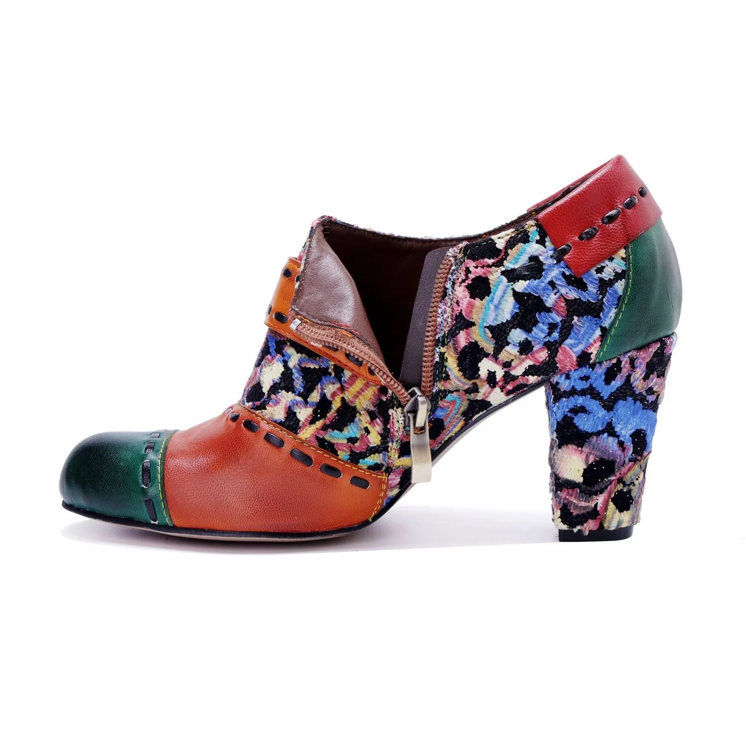 Bohemian Contrast Color Patchwork Floral Side Zipper Pump (Ingrid)