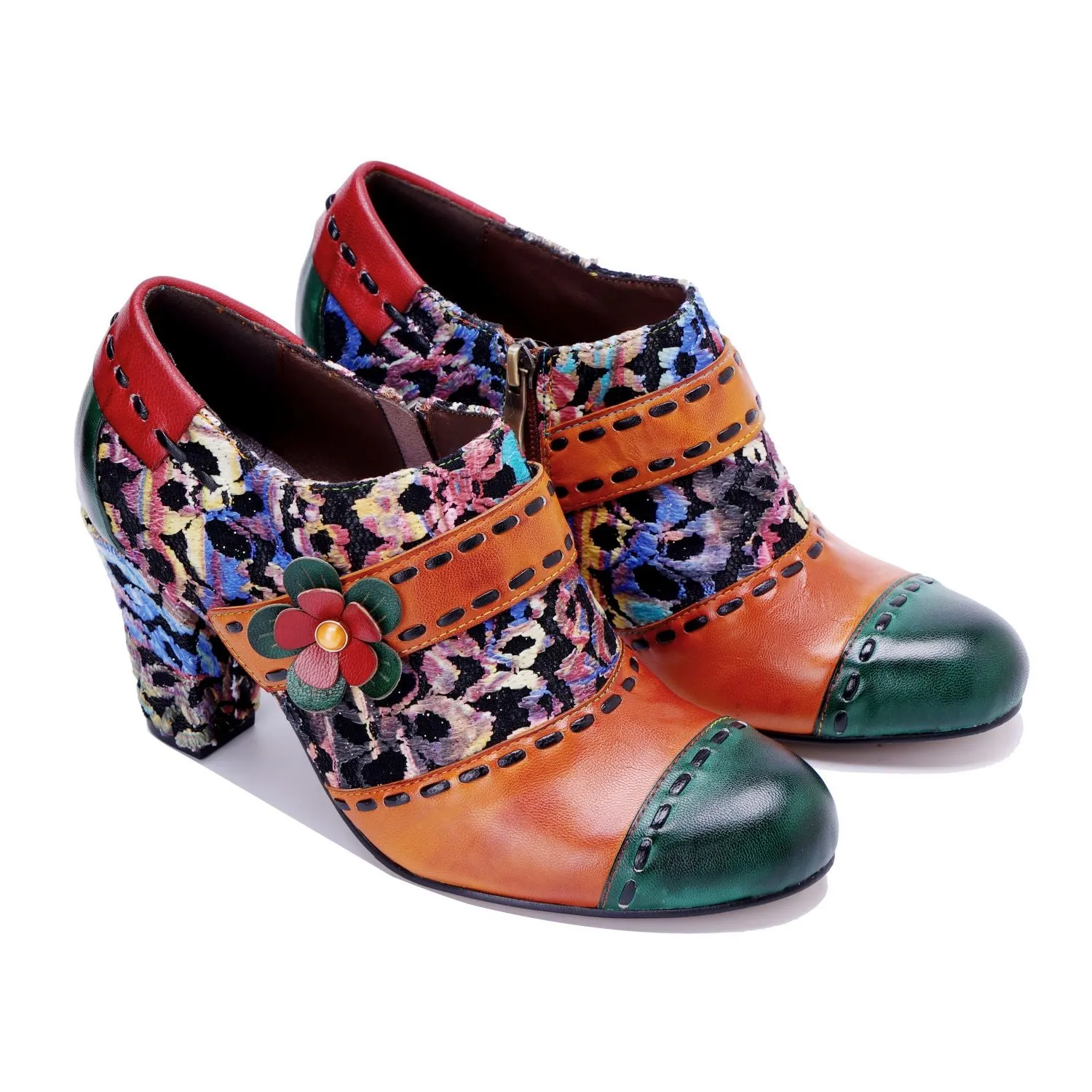 Bohemian Contrast Color Patchwork Floral Side Zipper Pump (Ingrid)