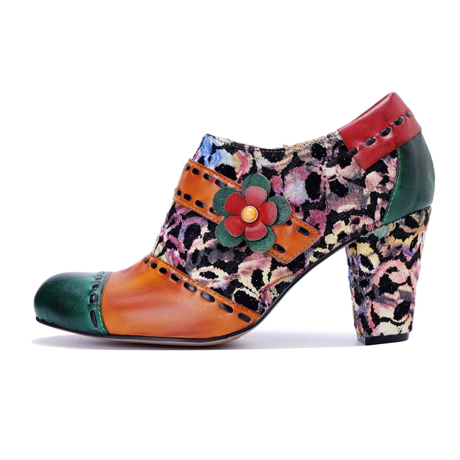 Bohemian Contrast Color Patchwork Floral Side Zipper Pump (Ingrid)