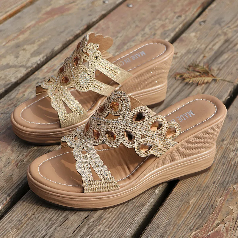 Casual Hollowed Out Patchwork Rhinestone Fish Mouth Out Door Wedges Shoes (Heel Height 3.15in)(3 Colors)