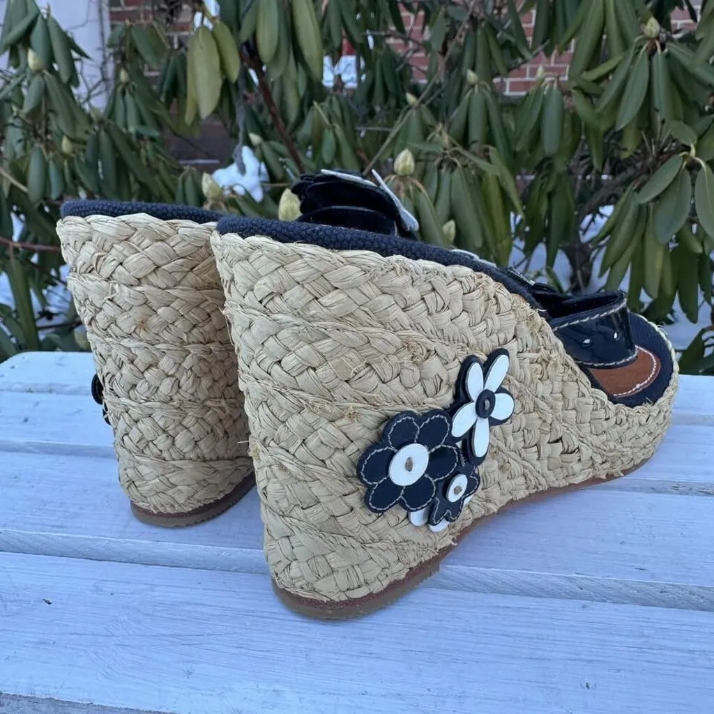 Coach Floral Leather Espadrille Jesica Wedge Sandals - Size 8.5