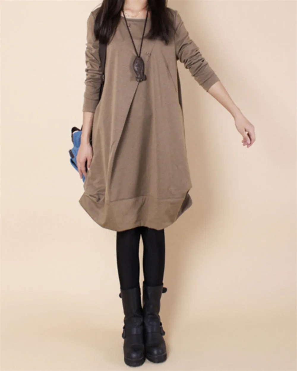 ellazhu Women's Loose Plain Round Neck Solid Pullover Dress GZ59
