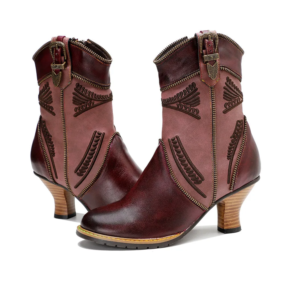 Hand Painted Leather Patchwork Ankle Boots