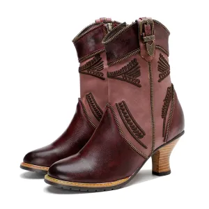 Hand Painted Leather Patchwork Ankle Boots