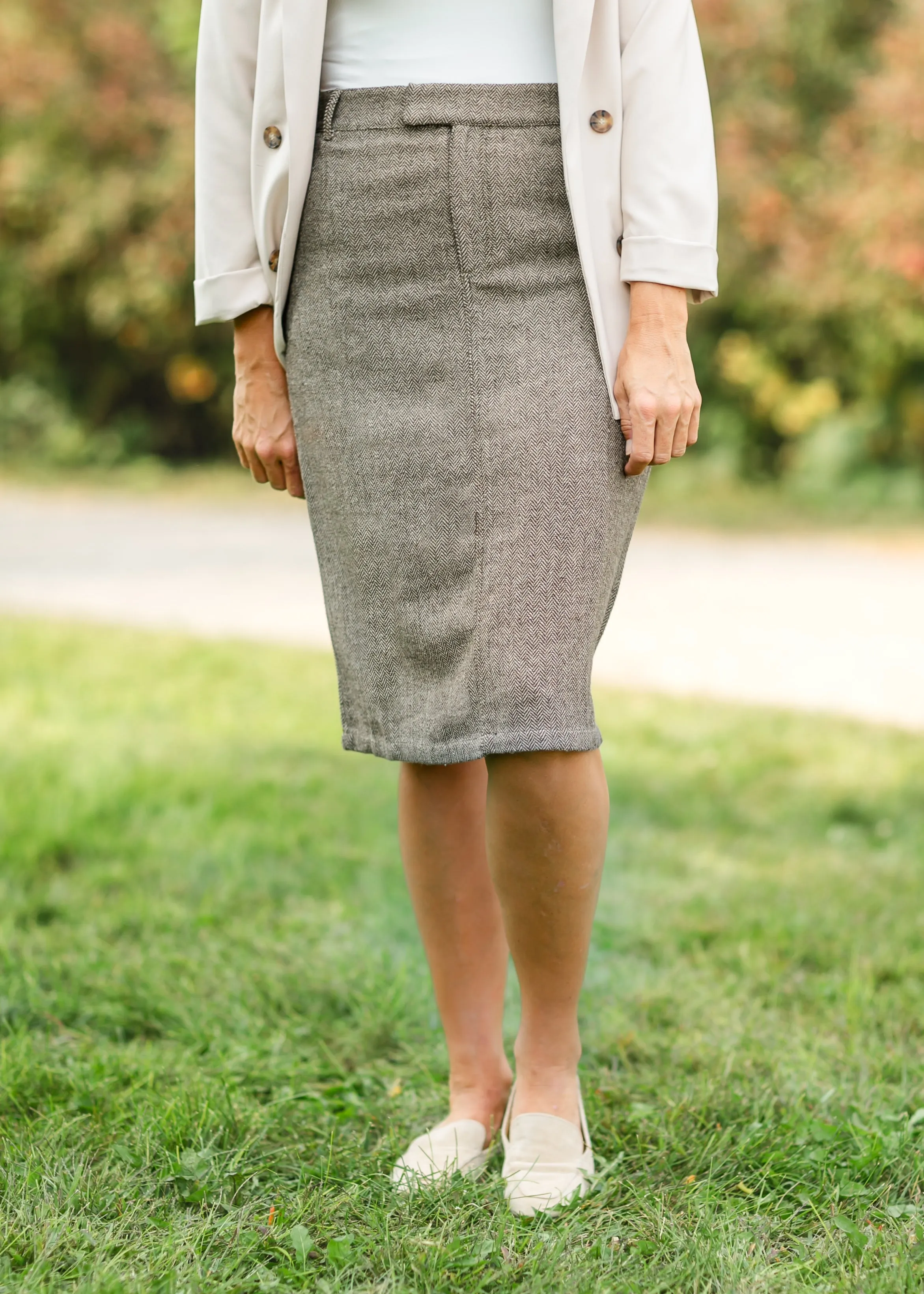Herringbone Straight Fit Midi Skirt - FINAL SALE
