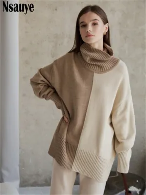 Joskaa Nsauye Vintage Contrasting Color Casual Women Knitted Basic Turtleneck Winter Sweater Tops 2024 Fashion Jersey Pullover Sweater