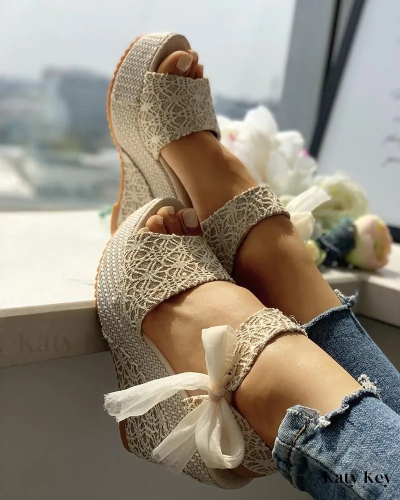 KatyKey - Bowknot-Embellished Platform Espadrille Wedge Sandals
