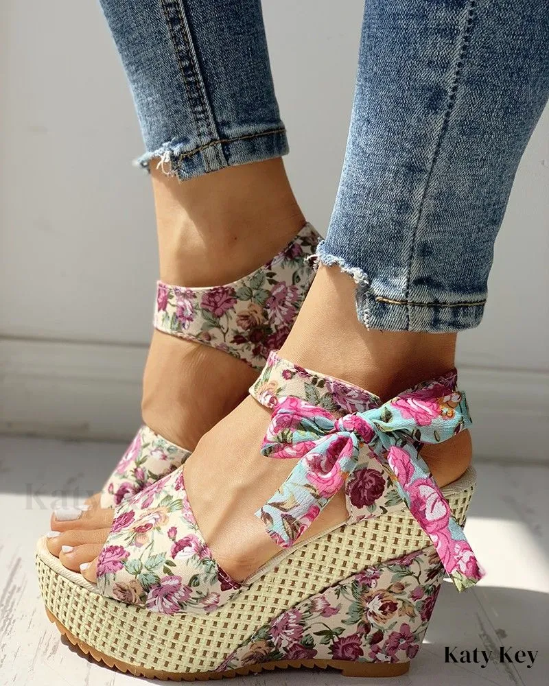 KatyKey - Bowknot-Embellished Platform Espadrille Wedge Sandals