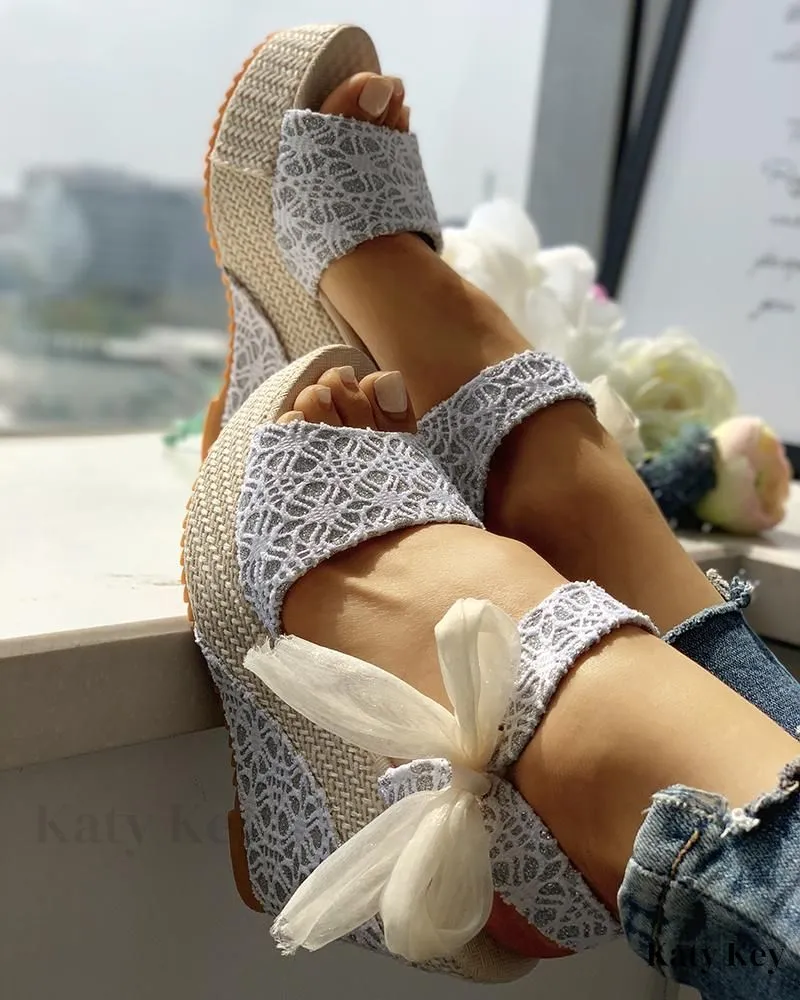 KatyKey - Bowknot-Embellished Platform Espadrille Wedge Sandals