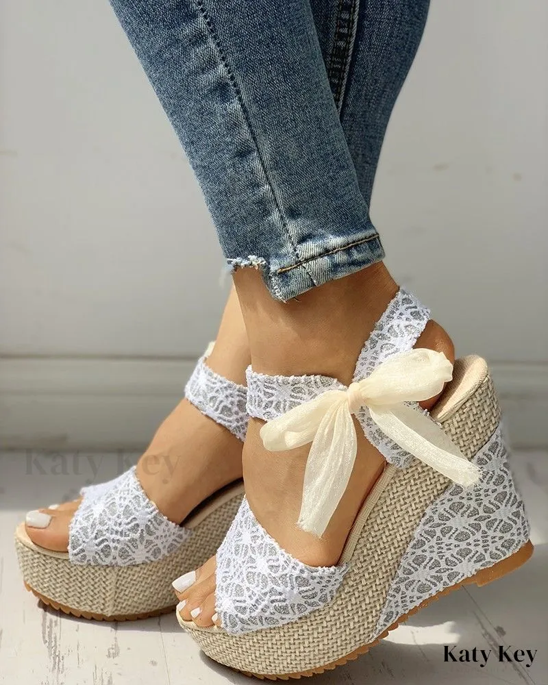 KatyKey - Bowknot-Embellished Platform Espadrille Wedge Sandals