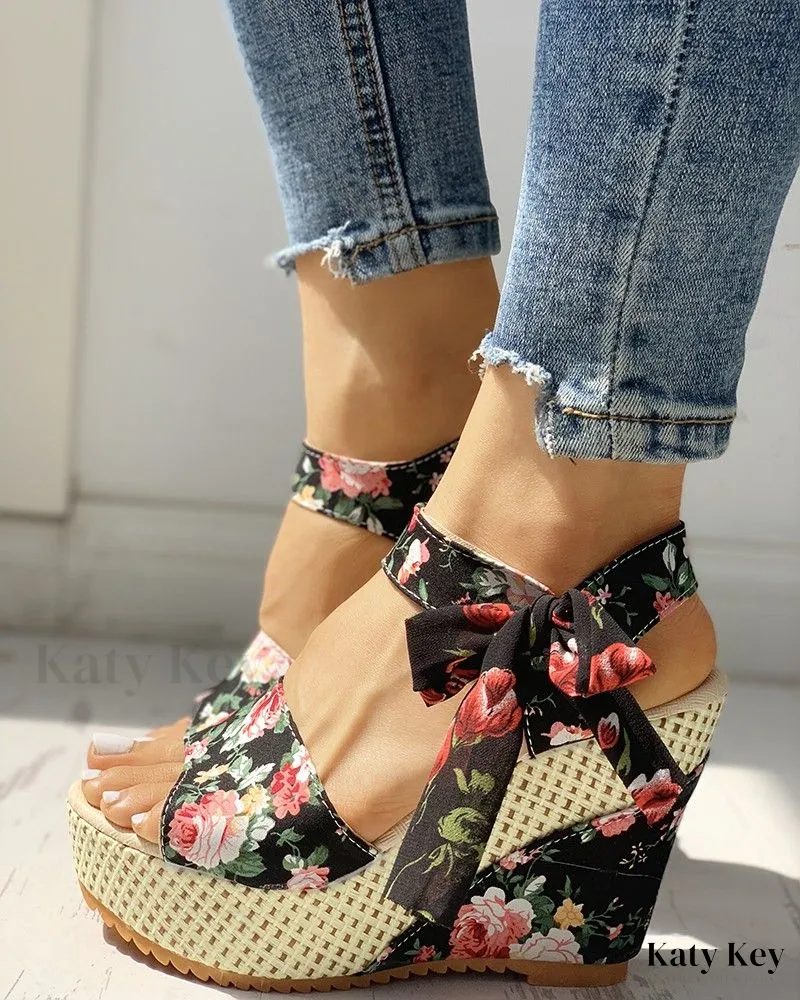 KatyKey - Bowknot-Embellished Platform Espadrille Wedge Sandals
