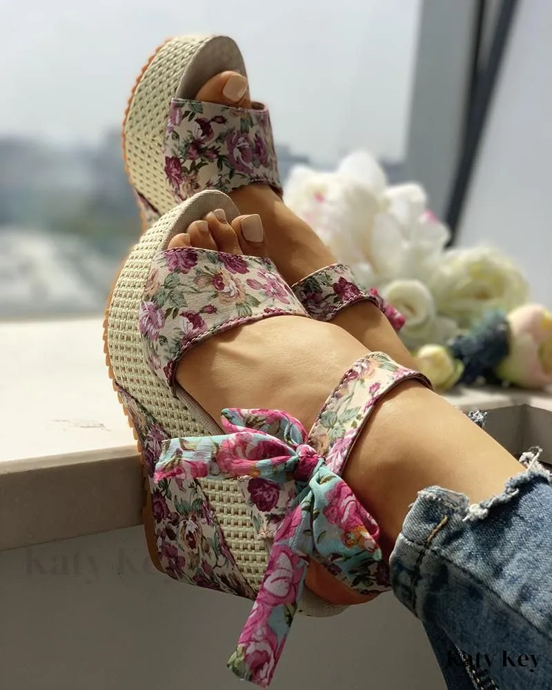 KatyKey - Bowknot-Embellished Platform Espadrille Wedge Sandals