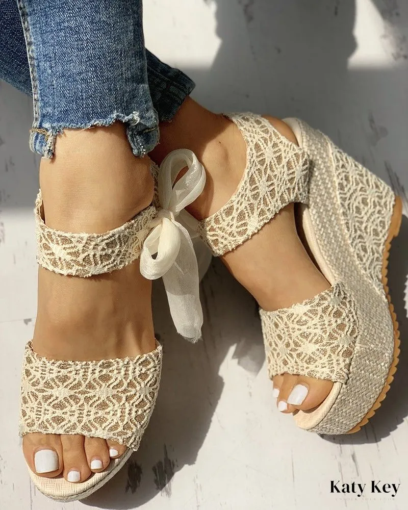 KatyKey - Bowknot-Embellished Platform Espadrille Wedge Sandals