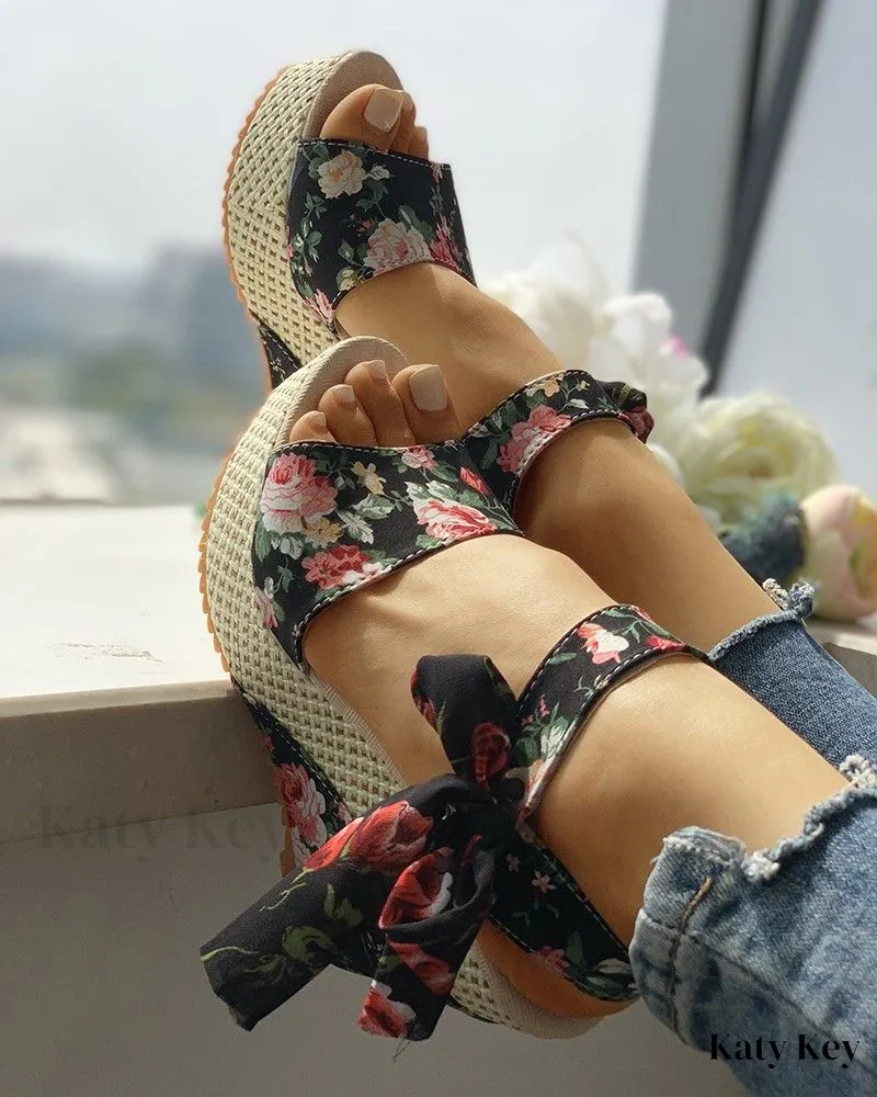 KatyKey - Bowknot-Embellished Platform Espadrille Wedge Sandals