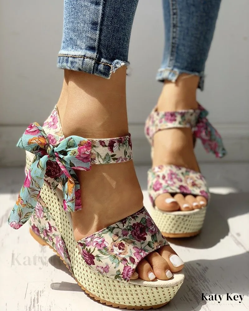 KatyKey - Bowknot-Embellished Platform Espadrille Wedge Sandals